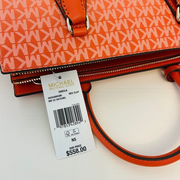 Michael Kors Purse Sheila Medium Ombré Signature Logo Satchel Red Clay - Picture 9 of 10